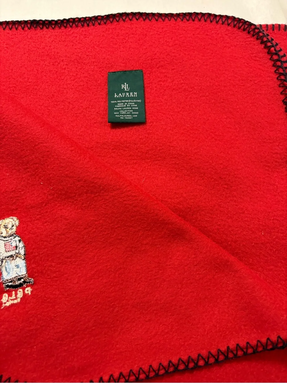 Polo Ralph Lauren Fleece  Polo Bear Red Wool Blanket with Contrast Stitching